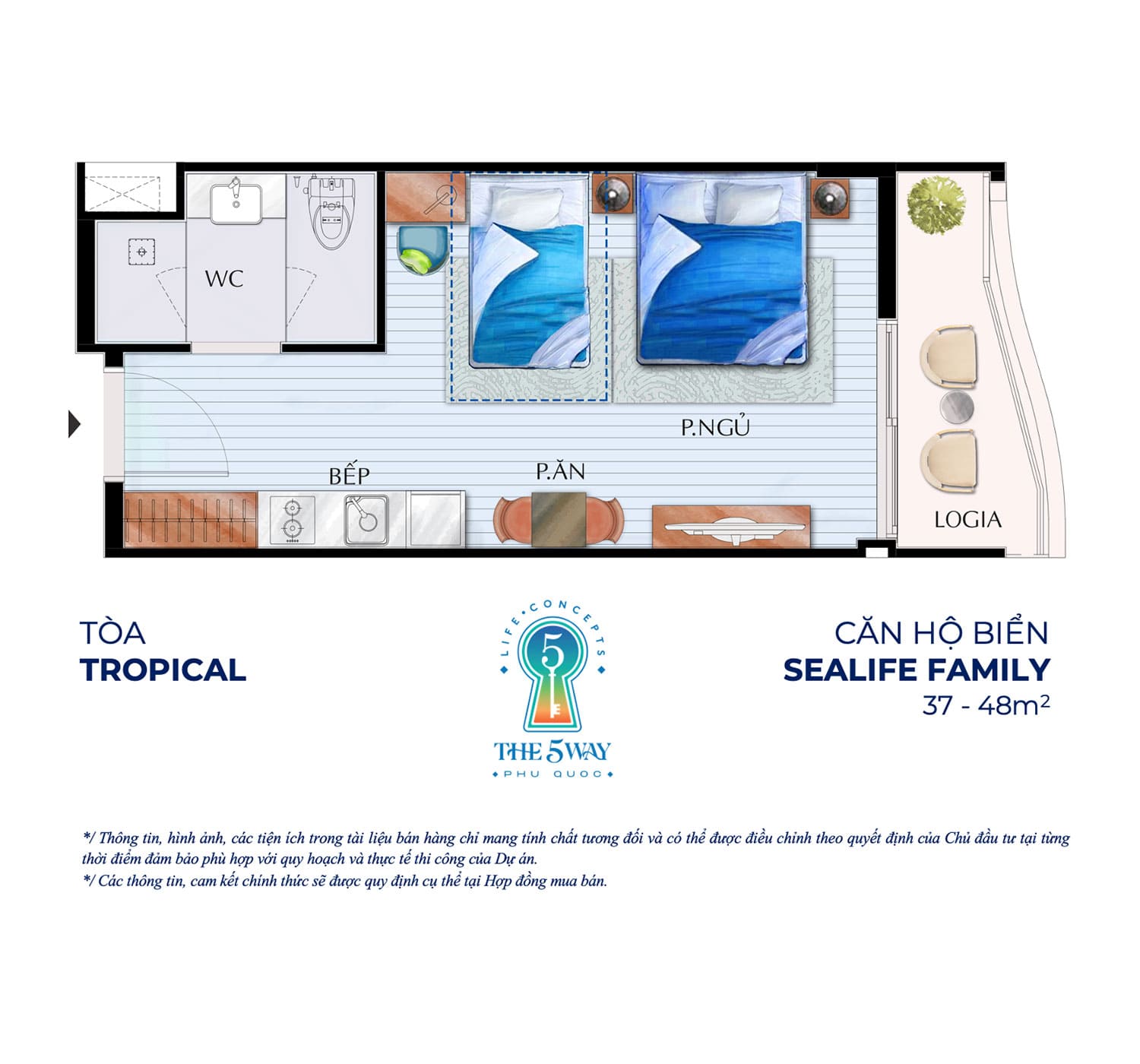 Layout căn hộ biển Sealife Family 37m2 - 48m2 tòa căn hộ Tropical dự án The 5Way Phú Quốc.