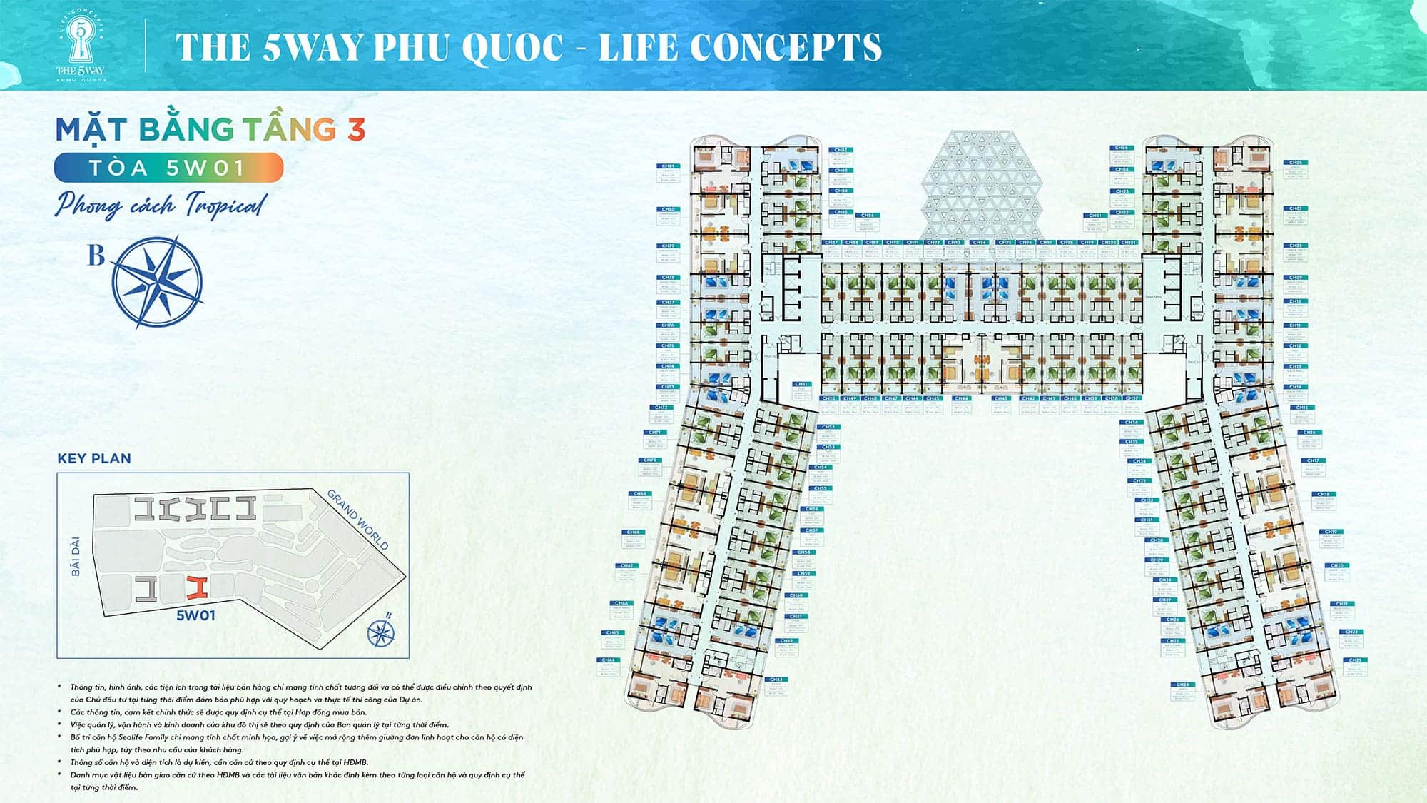 Mặt bằng Tầng 3, Tòa 5W01 phong cách Tropical thuộc dự án The 5Way - Life Concepts.