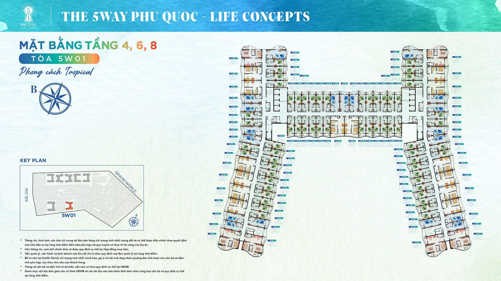 Mặt bằng Tầng 4, Tầng 6, Tầng 8, Tòa 5W01 phong cách Tropical thuộc dự án The 5Way - Life Concepts.
